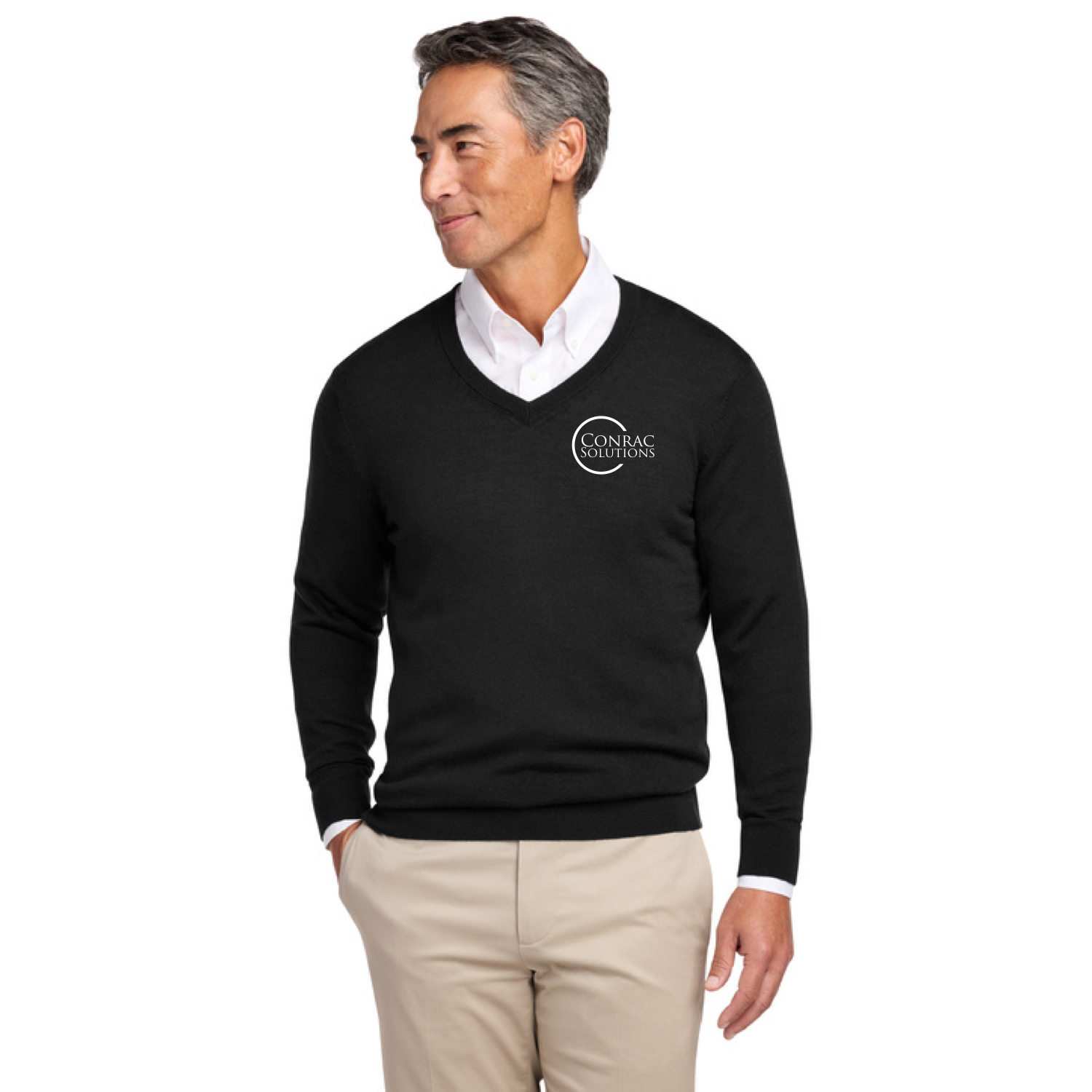 Brooks Brothers® Washable Merino V-Neck Sweater (Black) with “Conrac Solutions” Logo Embroidered