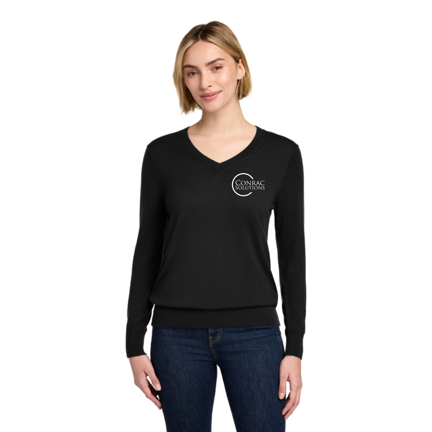 Brooks Brothers® Women's Washable Merino V-Neck Sweater (Black) with “Conrac Solutions” Logo Embroidered
