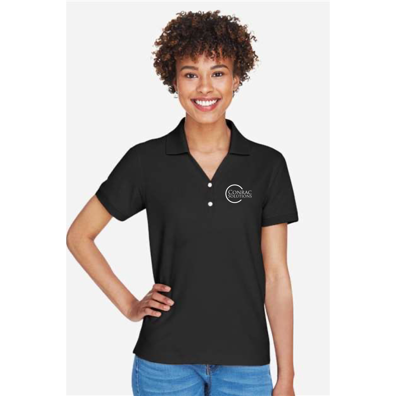Devon and Jones® Women's Pima Piqué Polo Shirt (Black) with “Conrac Solutions” Logo Embroidered